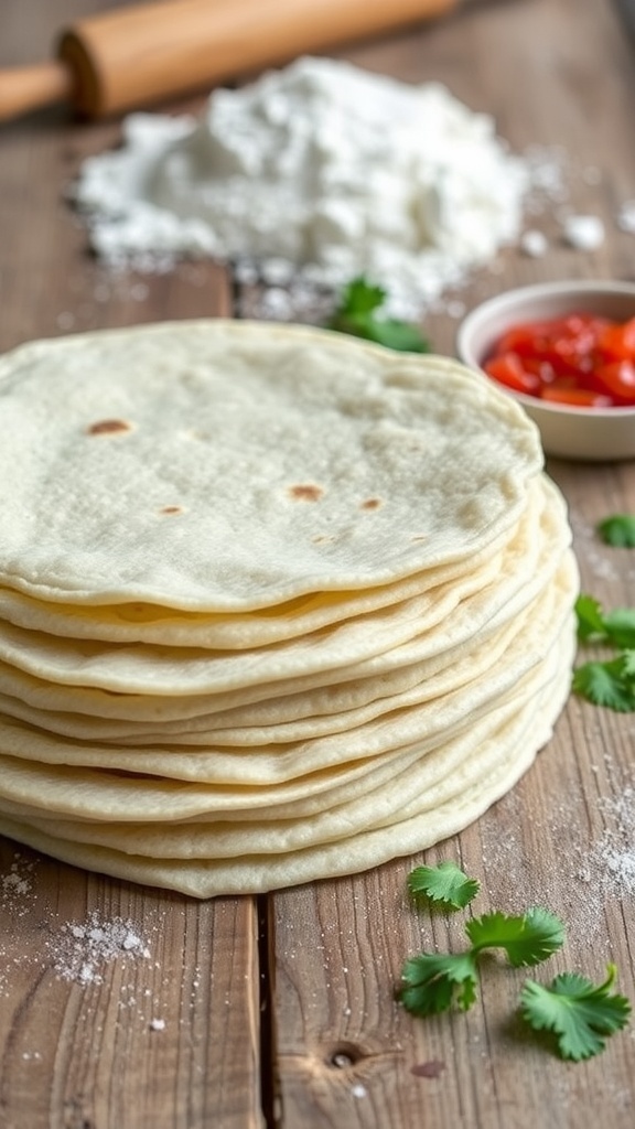 Easy Gluten-Free Flour Tortillas Recipe A stack of gluten-free flour tortillas on a wooden table with salsa and cilantro.